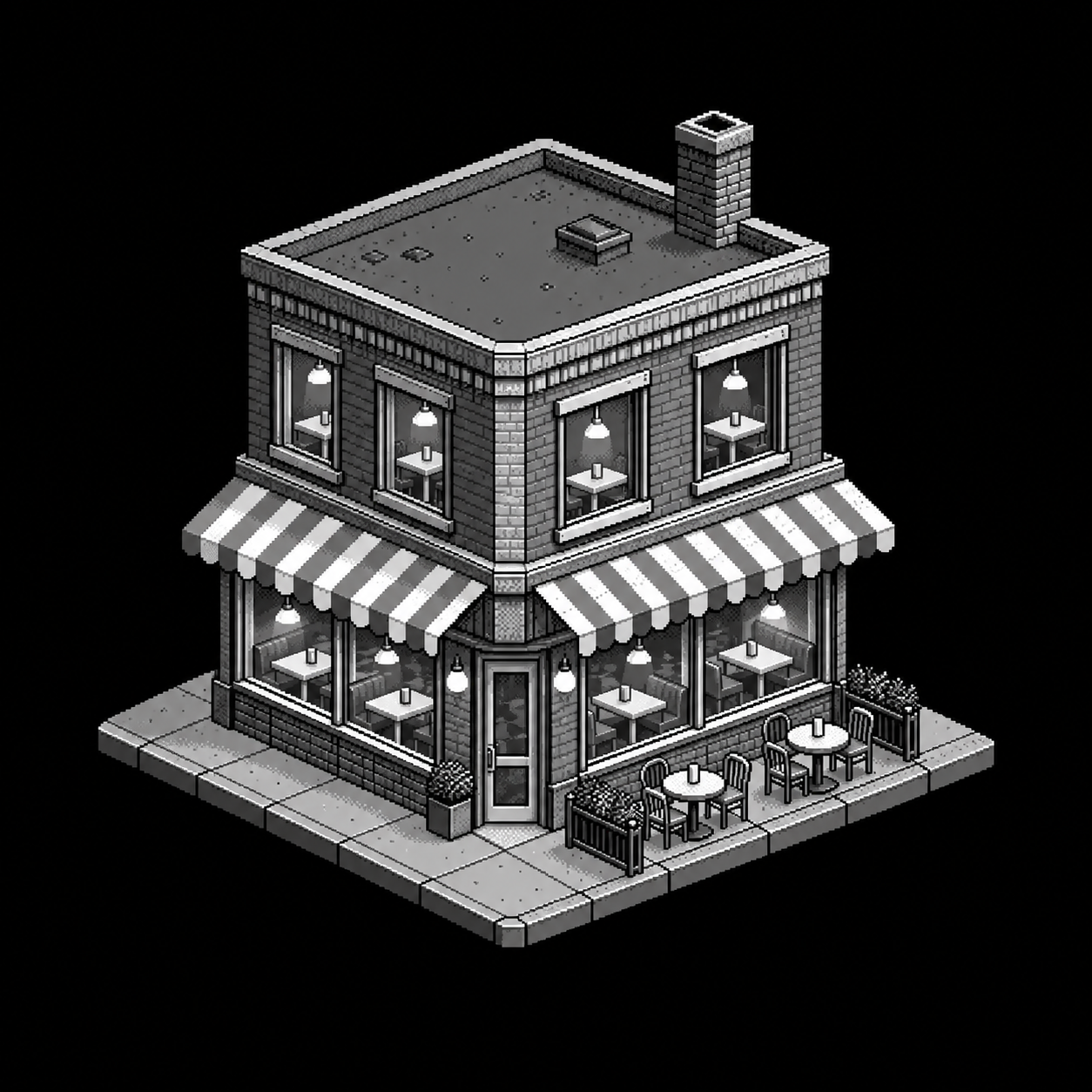 A white 8-bit corner restaurant on black, with a striped awning and sidewalk tables